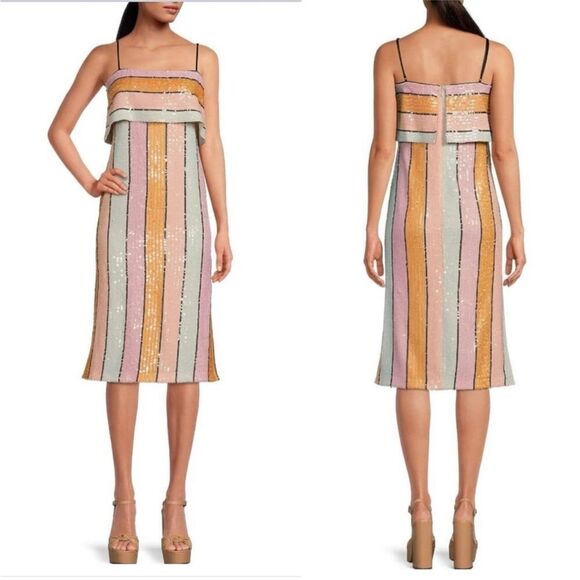 GIANNI BINI Halston Multi Color Stripe Sequin Dress Cocktail Midi Size 0 2 New - Picture 3 of 13
